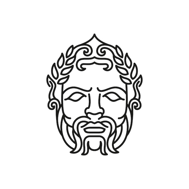 그리스 신 제우스 라인 아트 로고. 고대 그리스 신 조각 철학자. 얼굴 제우스 트리톤 해왕성 로고