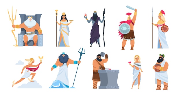 Greek gods. Cartoon ancient mythology characters, vector Zeus Ares Poseidon gods and goddess isolated on white background