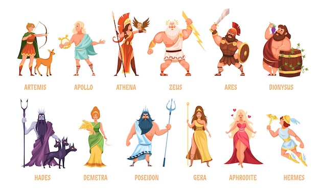 Vector greek gods pantheon mythological olympian gods ancient greece religion women and men characters with names traditional elements personifications cartoon flat style vector set