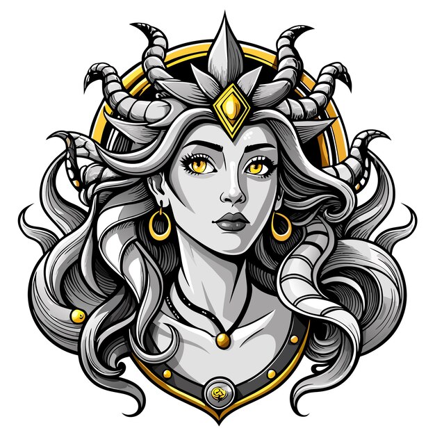 ベクトル greek mythology medusa hand drawn cartoon character sticker icon concept isolated illustration