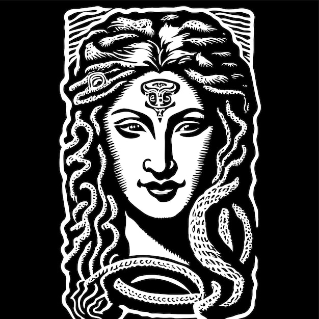 ベクトル ギリシャ神話 メドゥーサ 手描きの平らなスタイリッシュな漫画のステッカー アイコンコンセプト 孤立したイラスト