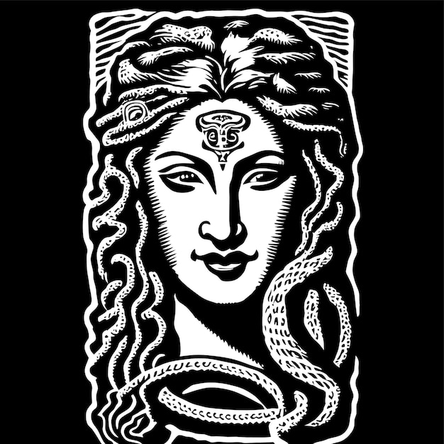 Mitologia greca medusa disegnata a mano piatta elegante adesivo cartone animato icona concetto illustrazione isolata