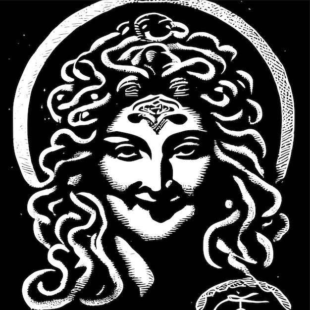ギリシャ神話 メドゥーサ 手描きの平らなスタイリッシュな漫画のステッカー アイコンコンセプト 孤立したイラスト