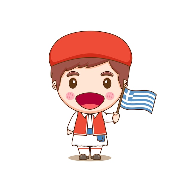 Greek in national dress with a flag A boy in traditional costume Chibi cartoon character