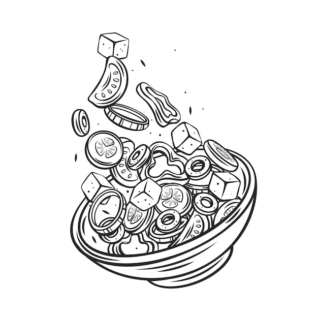 Vector greek salad falling into bowl otline hand drawn vector illustration. flying salad with red tomatoes, pepper, feta, cucumber and olives concept cooking
