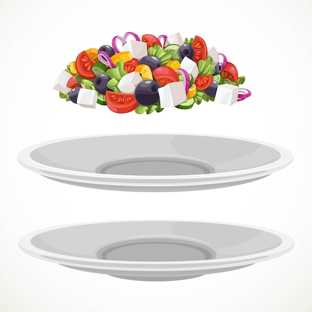 Greek salad of fresh vegetables and cheese and large white ceramic plates separately