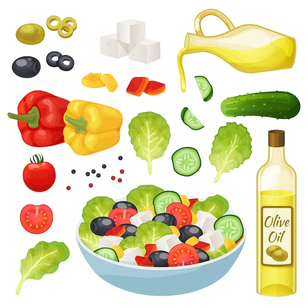그리스어 샐러드 그림, 3d 만화 건강 식품 메뉴 재료, 요리 채식 점심 세트 흰색 절연