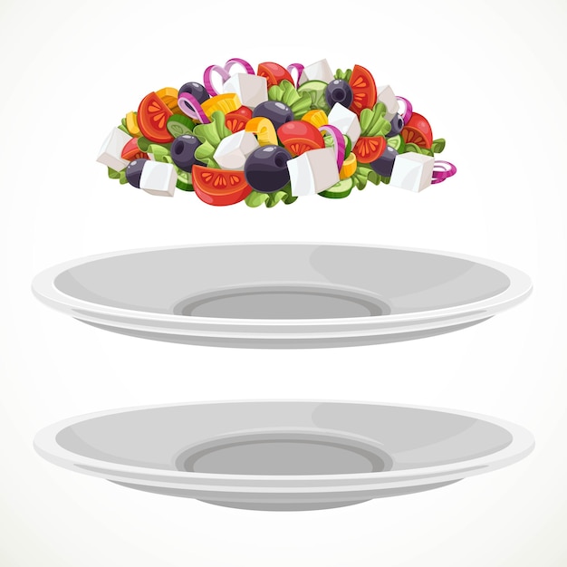 Греческий салат из свежих овощей и сыра и большие белые керамические тарелки отдельно