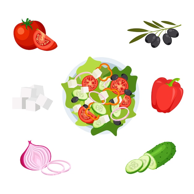 Vector greek salad on a plate top view set of fresh vegetables in a bowl isolated on a white background