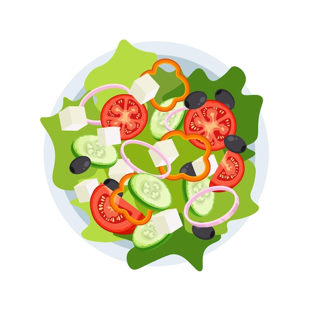 Greek salad on the plate top view. Set of fresh vegetables in a bowl. Vector illustration isolated.