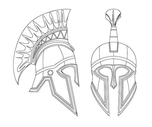 紋章の輪郭の鎧要素デザイン古代のヘルメットフラットベクトルイラストとギリシャの質素な鉄のヘルメットは白い背景で隔離。