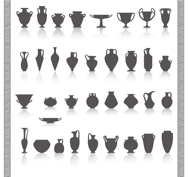 Greek vases silhouettes Ancient amphoras and pots glyph illustration Clay ceramic earthenware Vector