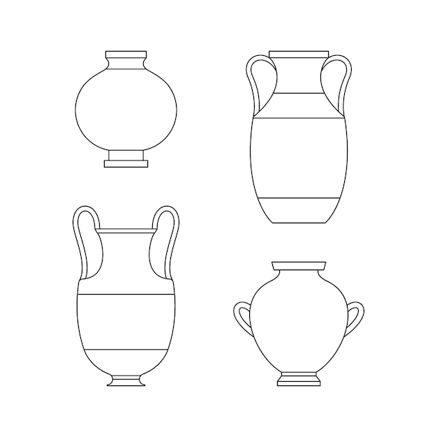 Vettore vasi greci in uno stile lineare minimale alla moda. illustrazioni vettoriali di vari vasi di argilla per la creazione di modelli, stampe, poster, loghi e altro ancora.