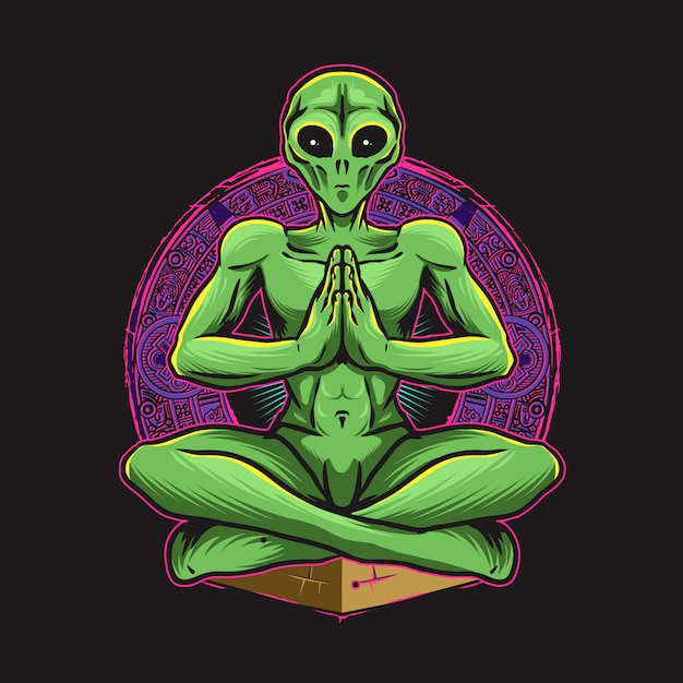 Greem alien doen yoga illustratie