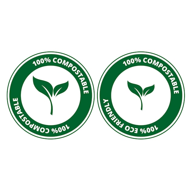 Green 100 compostable round signs on a white background
