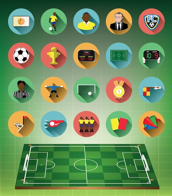 Green 3d soccer field with flat soccer icons set