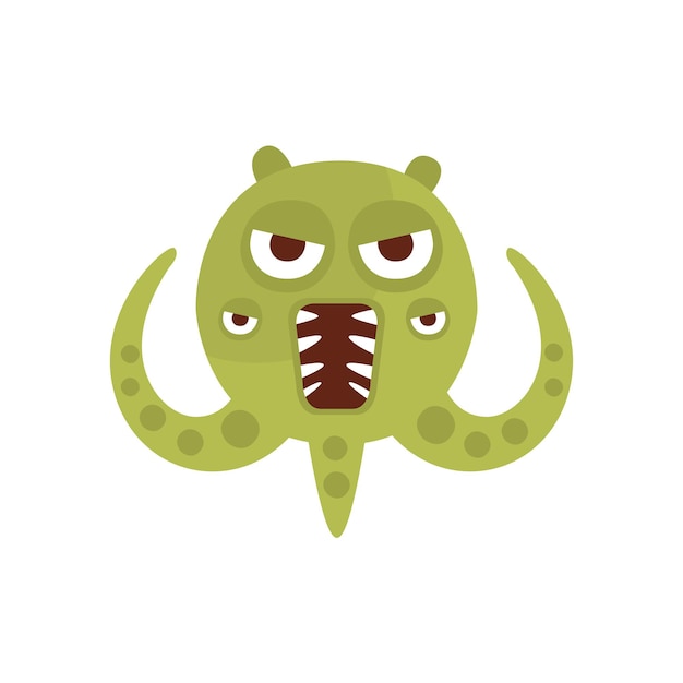 Vector green aggressive malignant bacteria monster with sharp teeth and three tentacles cartoon vector illustration