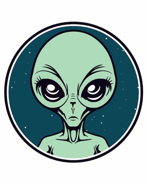 Green alien in a blue space background.