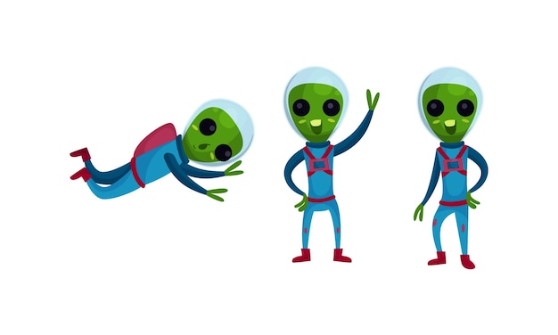 Vector green alien creatures in spacesuit standing and waving hand vector set