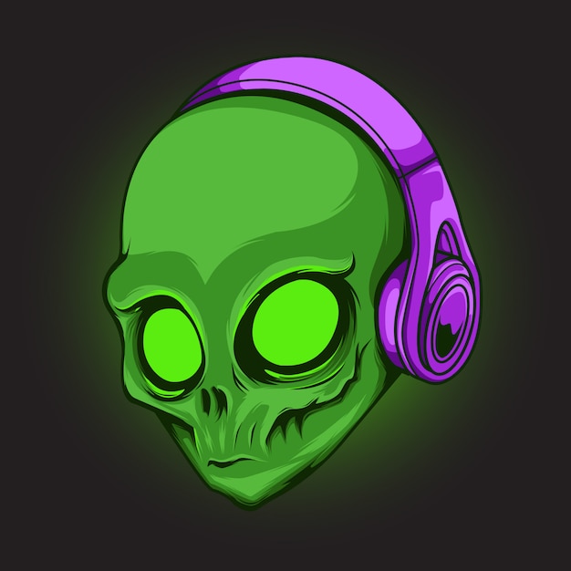 Green alien head with blazing eyes wearing a headphone illustration