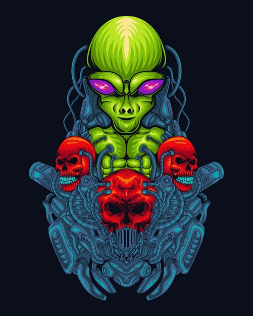 Green alien illustration with skull, hand drawn digital color lines