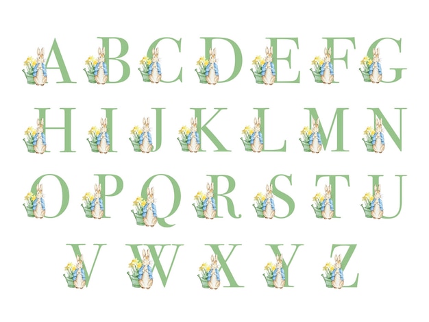 Vector green alphabet with watercolor rabbit