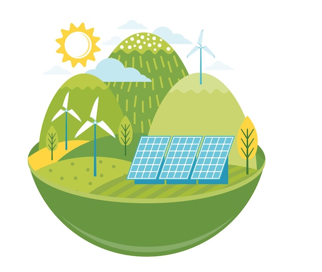 Вектор Зеленая альтернативная энергия. благоприятный экологически чистый ландшафт с экологической инфраструктурой, солнечными батареями, ветряными мельницами, ветряными турбинами.