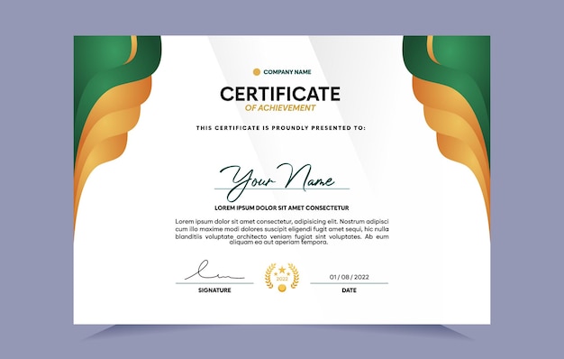 Зеленый и золотой сертификат шаблона достижения. для наград, бизнеса и образования