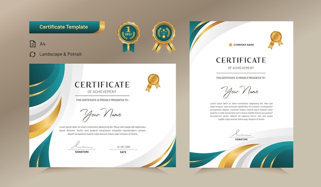 Шаблон зеленого и золотого сертификата достижения для наград в сфере бизнеса и образования