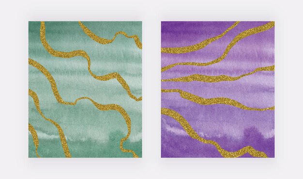 金色のキラキラフリーハンドラインと緑と紫の水彩画のブラスストロークテクスチャ