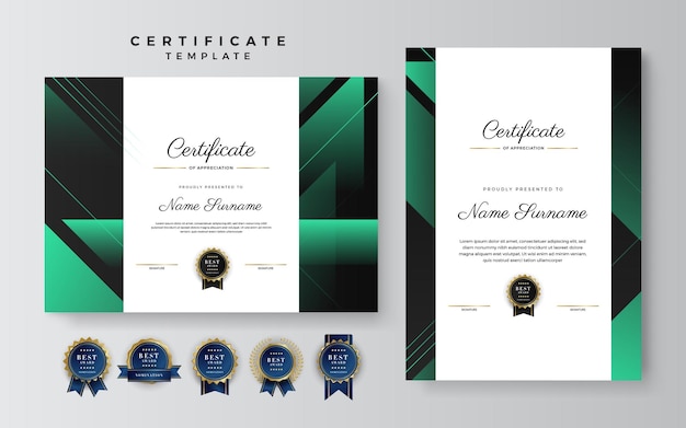 Вектор Зелено-белый шаблон границы сертификата о достижениях с роскошным значком и современным рисунком линии для наградных деловых и образовательных нужд