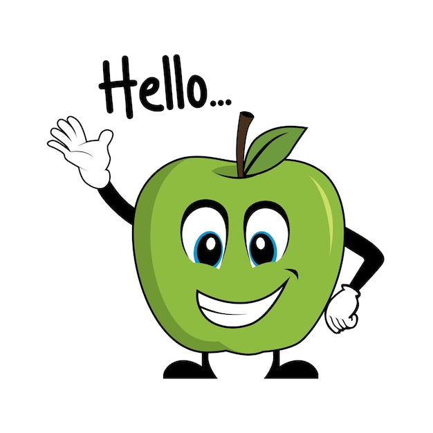 Green apple cartoon character saying hello