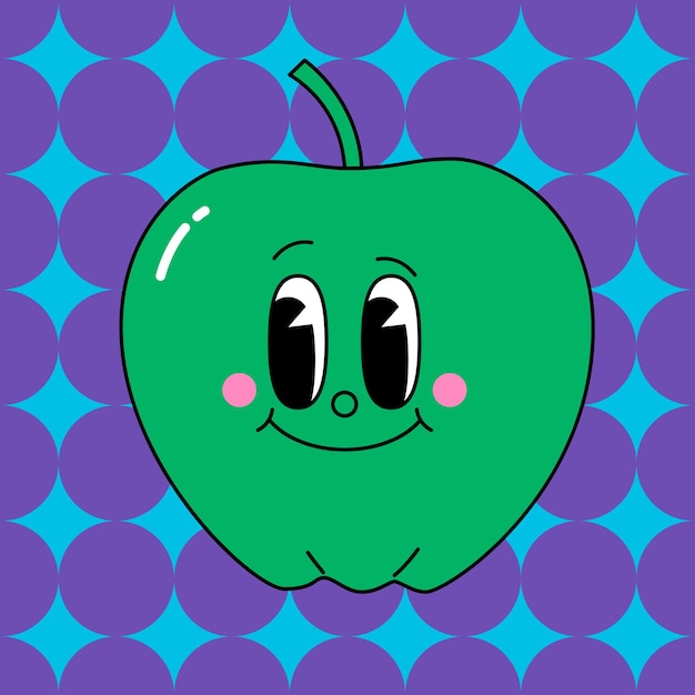 青リンゴの漫画のキャラクター レトロなフラット デザイン ビンテージ コミック スタイルのベクトル図