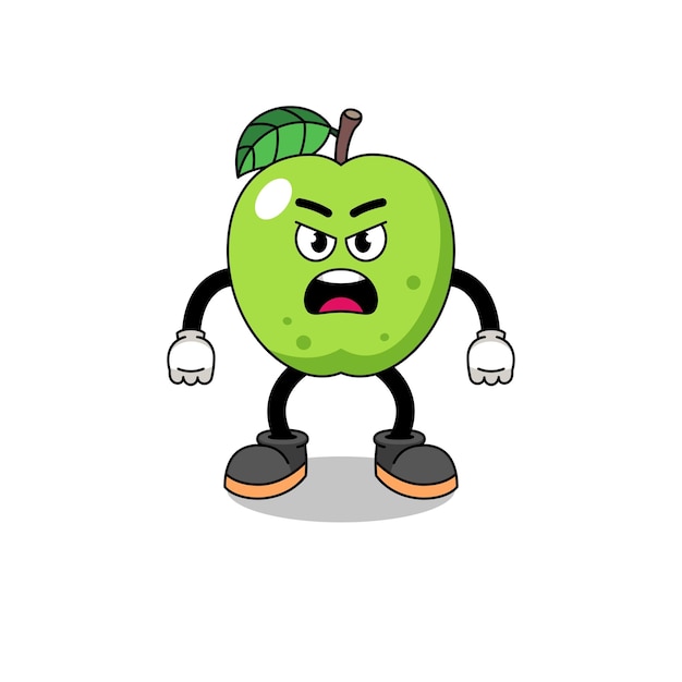 Green apple cartoon illustration with angry expression character design