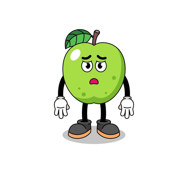 Green apple cartoon illustration with sad face character design