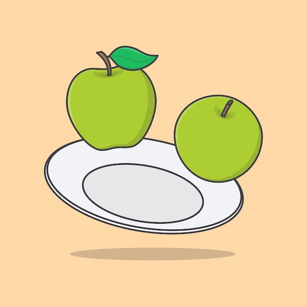 Green Apple Fruit On A Plate Cartoon Vector Illustration Apple Fruit Flat Icon Outline