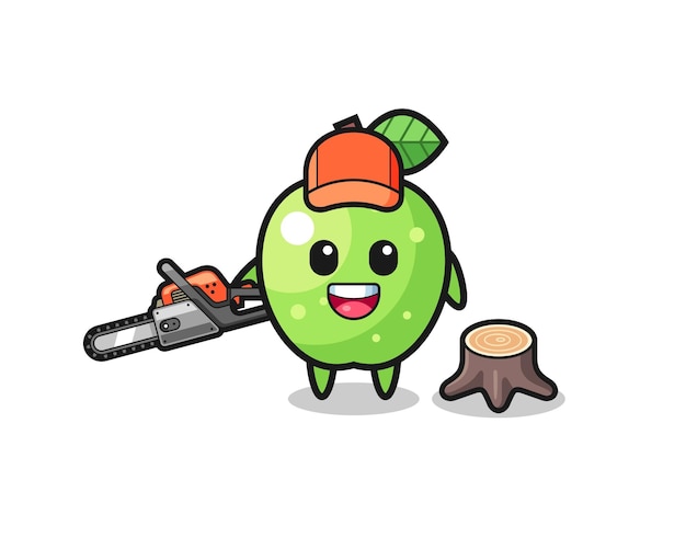 Green apple lumberjack character holding a chainsaw cute design