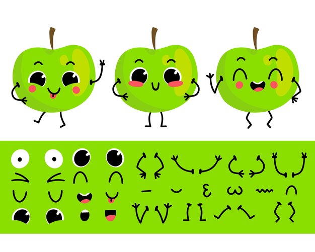 Mela verde set per la creazione di divertenti personaggi dei cartoni animati mela illustrazione del costruttore di caratteri