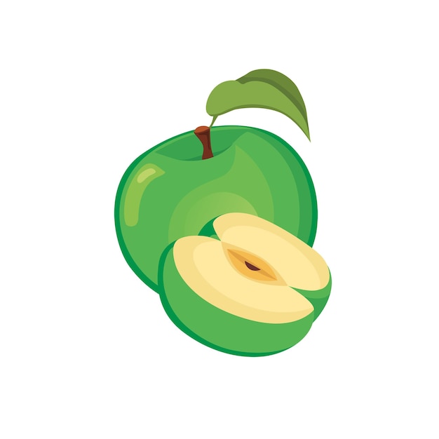 녹색 사과-전체 및 절단 과일. 만화 삽화