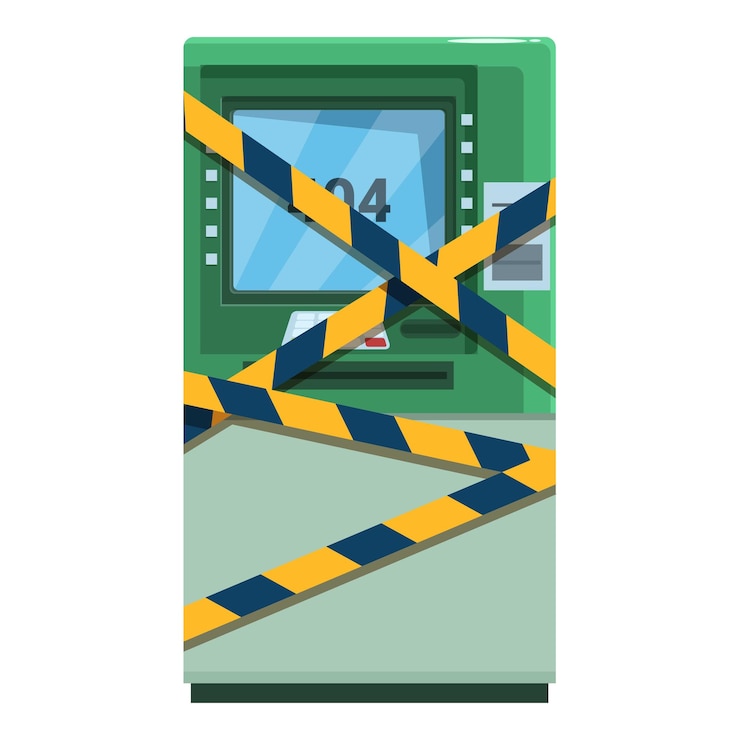 Vector green atm is out of service and wrapped in yellow and black caution tape