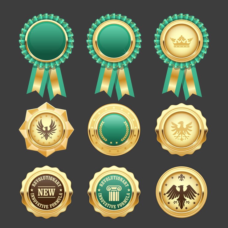 Vector green award rosettes and gold medals - prize insignia