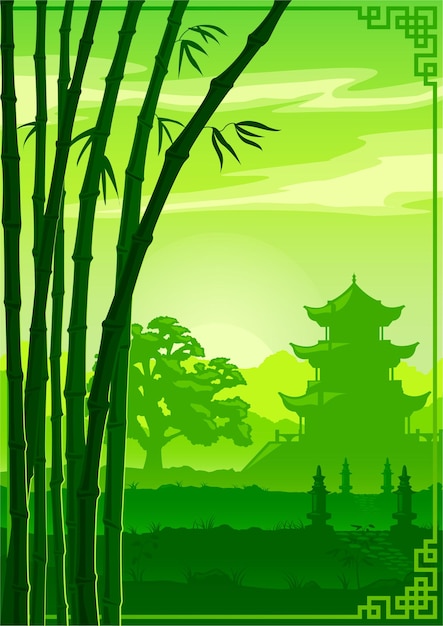 Vector green  background, asia, china temple and bamboo