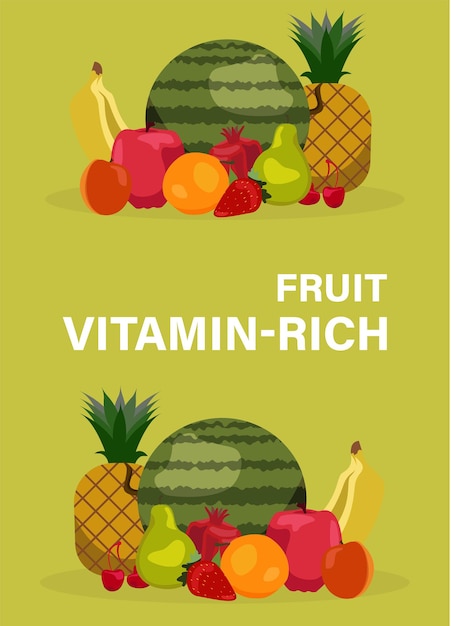 Sfondo verde banner vettoriale di frutta e bacche set di cibo vegetariano fragole banana e melograno illustrazione di frutta ananas o mela arancia anguria albicocca pera ciliegia