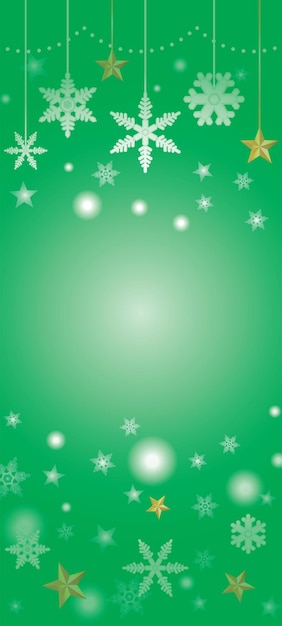 クリスマスの星と雪の結晶の緑の背景のイラスト。