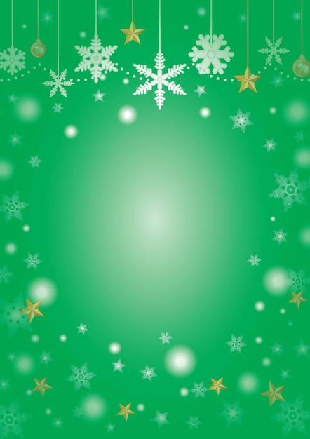 Green background illustration of star and snowy crystal of Christmas.