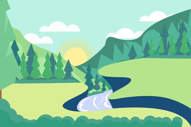 Vector green background illustration with mountains and river