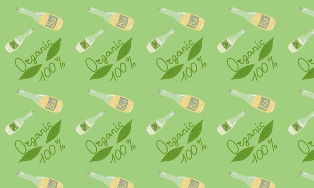 Зеленый фон с бутылкой органического 100% спирта.