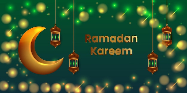 Зеленый фон с фонарем рамадана и зеленый фон с огнями.