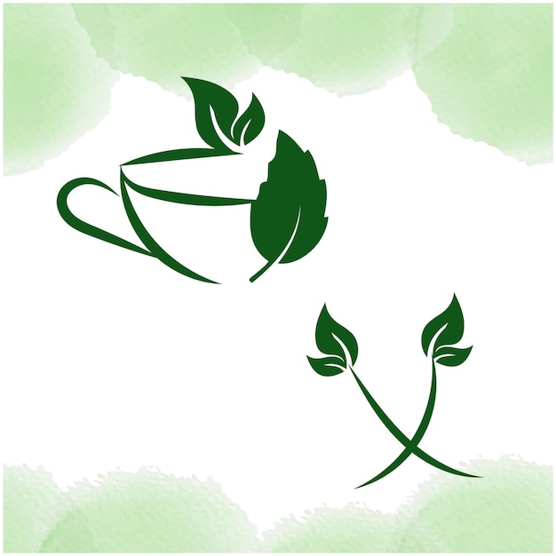 A green background with two green leaves and a cup of coffee.