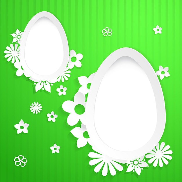 Green background with white eggs and flowers cut out of paper